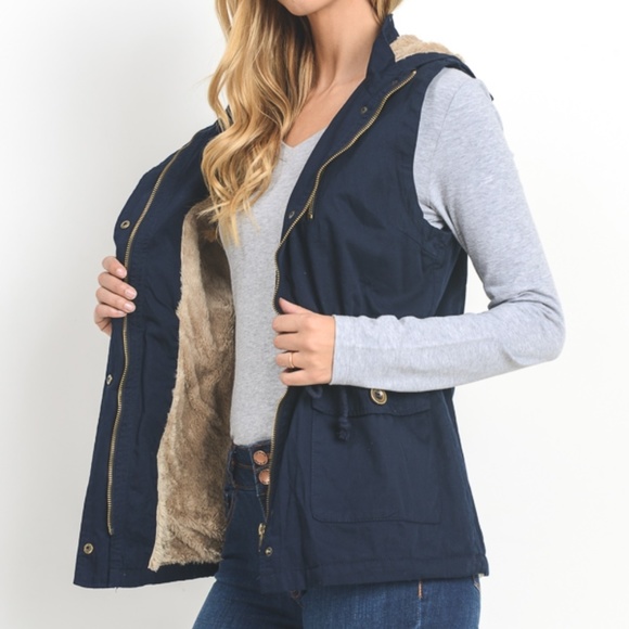 Jackets & Blazers - Faux Fur Lined Hooded Twill Vest